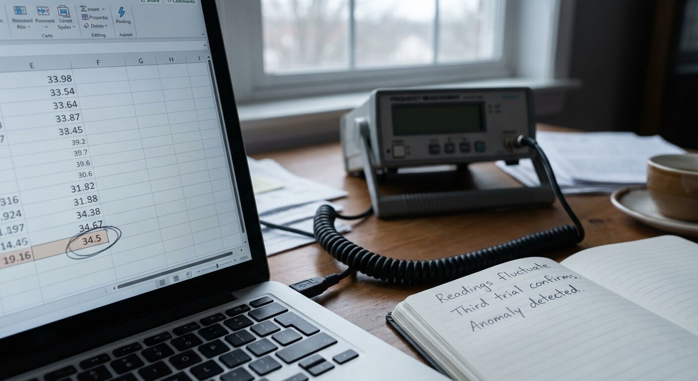 A desk with two open laptops side by side — one showing a spreadsheet with a column of numbers, the last few highlighted; the other showing an email thread. A frequency measurement device connected by cable. Afternoon light. The atmosphere is precise, collaborative, slightly charged — two people examining data that has started to move