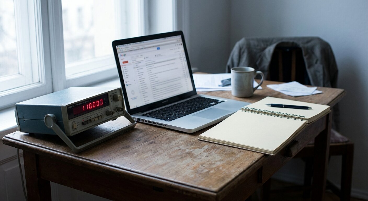 A desk in quiet Monday morning light — a frequency counter beside an open laptop showing an email client with a short unread message. A notebook open beside it, pen resting on the page. The atmosphere is the particular stillness of a day before something. Photorealistic, cinematic, pale morning light, documentary photography style, shallow depth of field, muted cool-warm palette, no text visible.