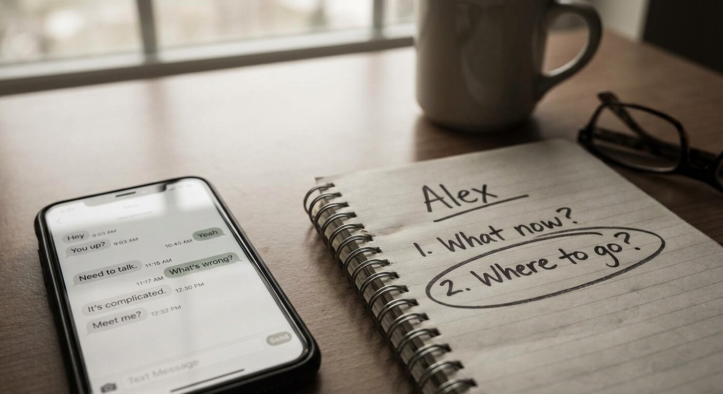 A phone on a desk showing a messaging conversation — short messages, some with longer gaps between them. Beside the phone, a notepad with a name written at the top and two questions below it, one circled. Saturday morning light. The atmosphere is a conversation that moved somewhere unexpected. Photorealistic, cinematic, pale Saturday morning light, documentary photography style, shallow depth of field, muted warm-grey palette.