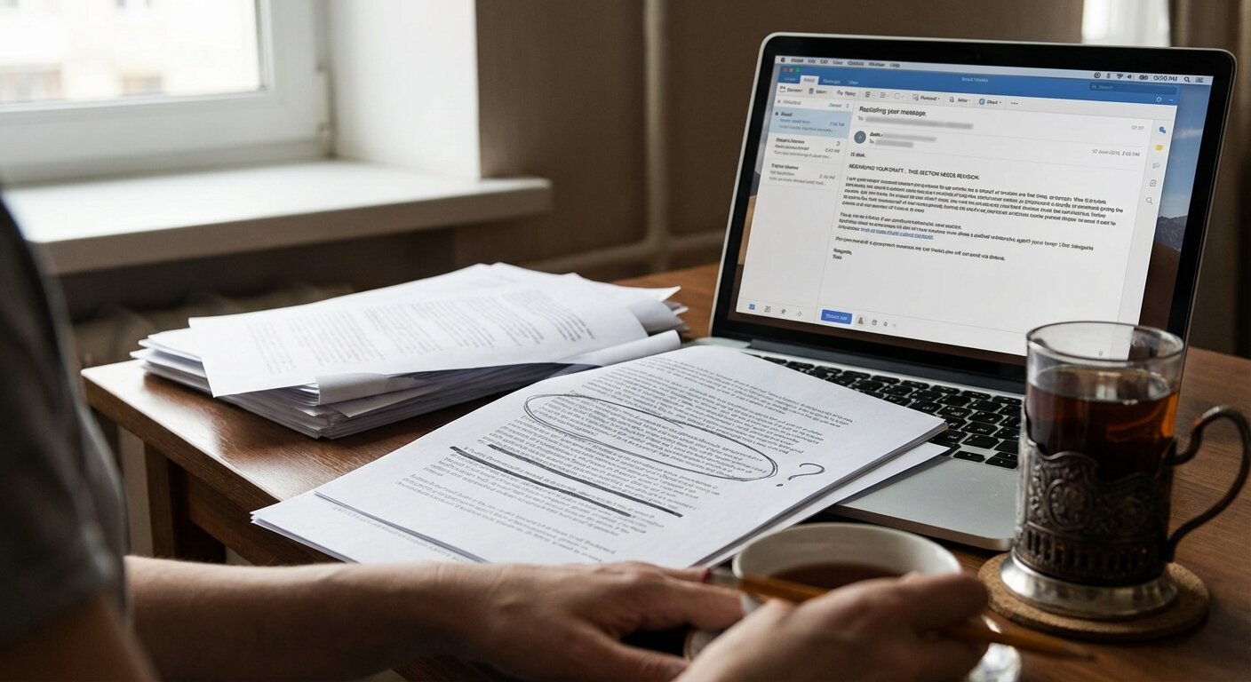 A desk in morning light. A printed document — multiple pages, dense text with some sections highlighted and one paragraph circled in pencil with a question mark. Beside it, a laptop showing an email reply with several paragraphs of text, some in all-caps. A glass of tea. The atmosphere is engaged, slightly bracing — a person receiving feedback they asked for and are not entirely comfortable with