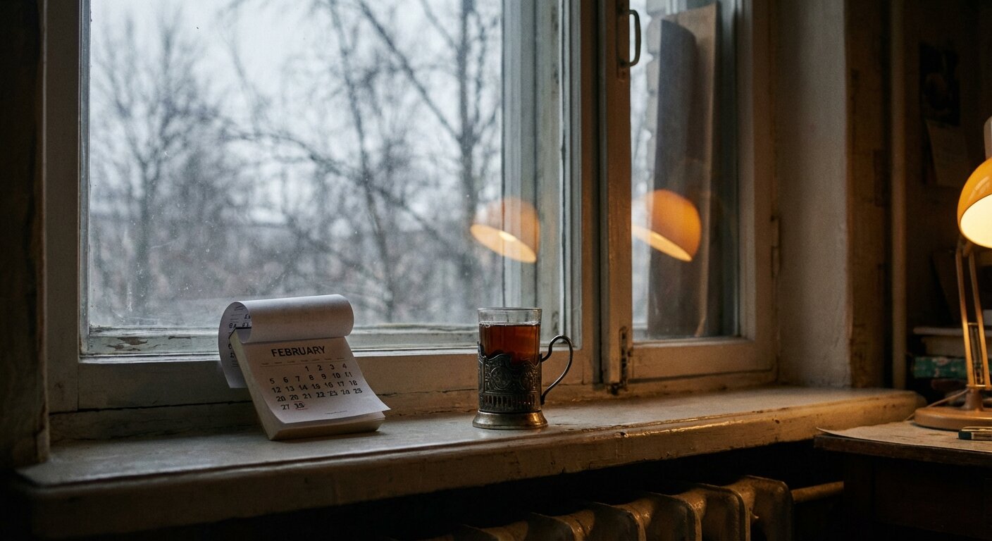A wall calendar showing February, a glass of tea on a windowsill, morning light, the last day of the month