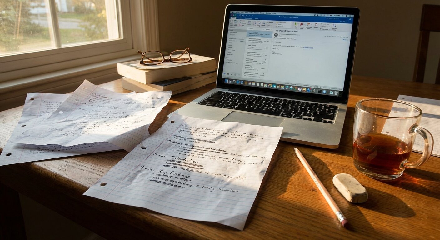 A desk covered in handwritten notes and a rough outline, a laptop open to an email, afternoon light, Sunday stillness