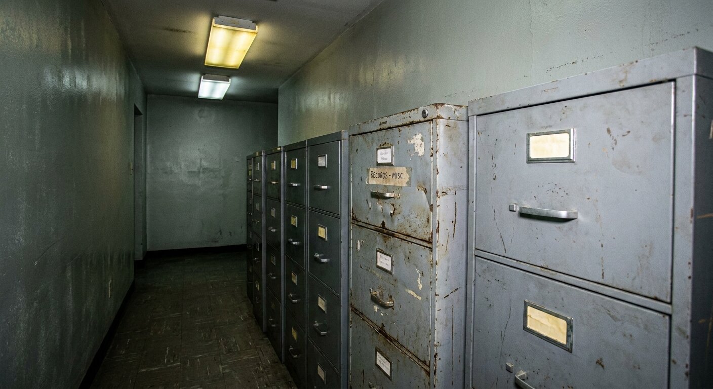 An old institutional corridor in dim light — a row of gray metal filing cabinets along one wall, each with a white label holder at the top. The light is pale and institutional, the kind that has been running since before anyone currently working there was born. One cabinet in the middle is slightly more worn than the others. The atmosphere is a thing that has been there so long it stopped being noticed. Photorealistic, cinematic, cool institutional fluorescent light, documentary photography style, shallow depth of field, muted grey-green palette.