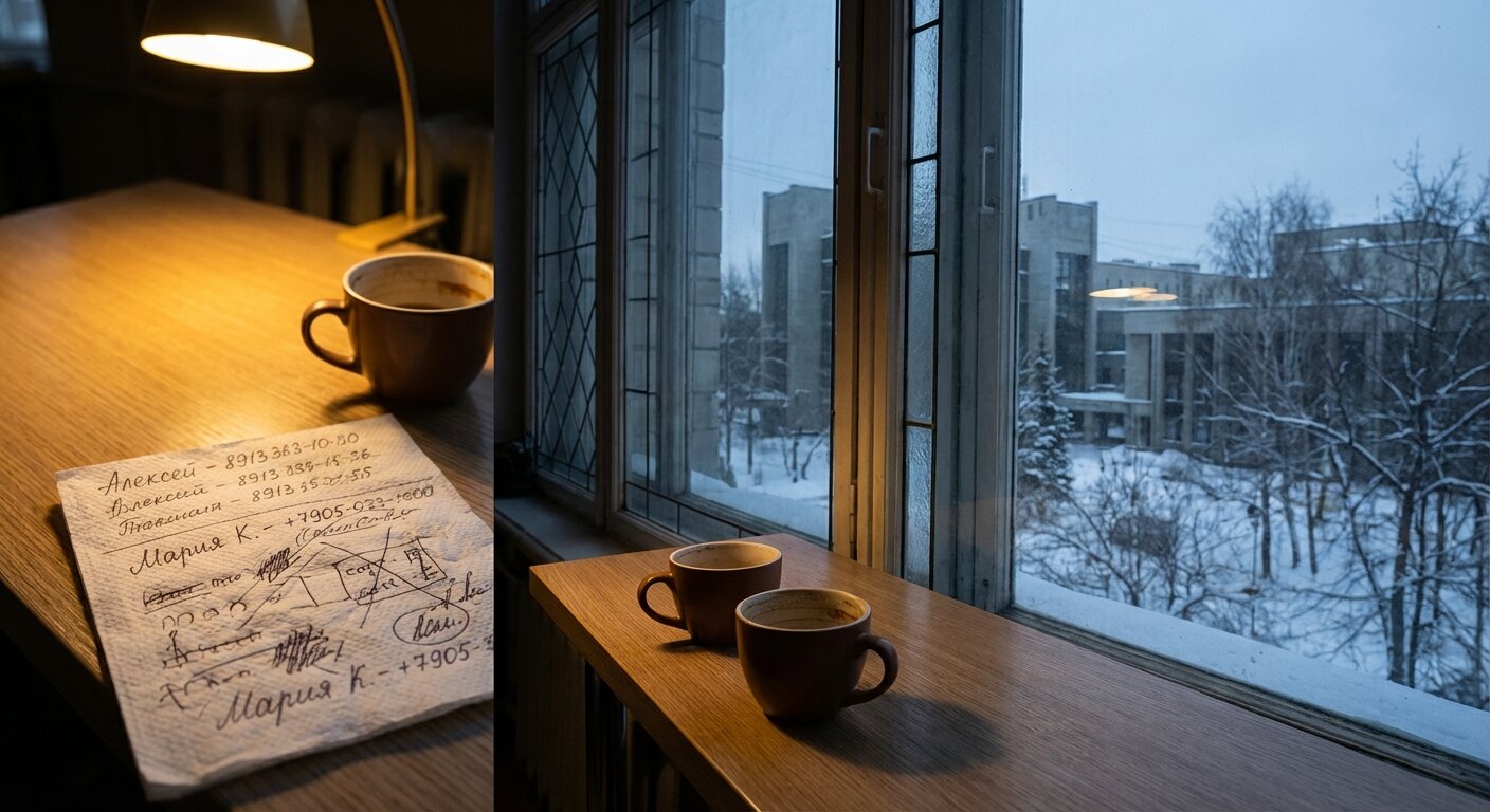 A narrow table by a university window, two cups of tea, a paper napkin with handwritten numbers and names. Through the window: the Novosibirsk campus in March, snow on the ground, bare trees, grey sky. An unexpected conversation