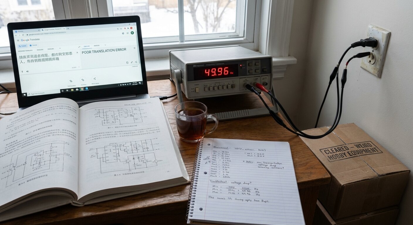 Frequency counter with Chinese manual and laptop showing Google Translate