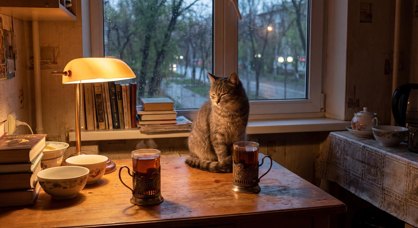 A kitchen table in the evening, two glasses of tea. A grey tabby cat sitting between them, watching the window. The apartment is warm, the light is amber. Outside the window, the Almaty street is dark and ordinary. The atmosphere is unhurried — two people who have been neighbors for a long time, not saying anything important, saying everything