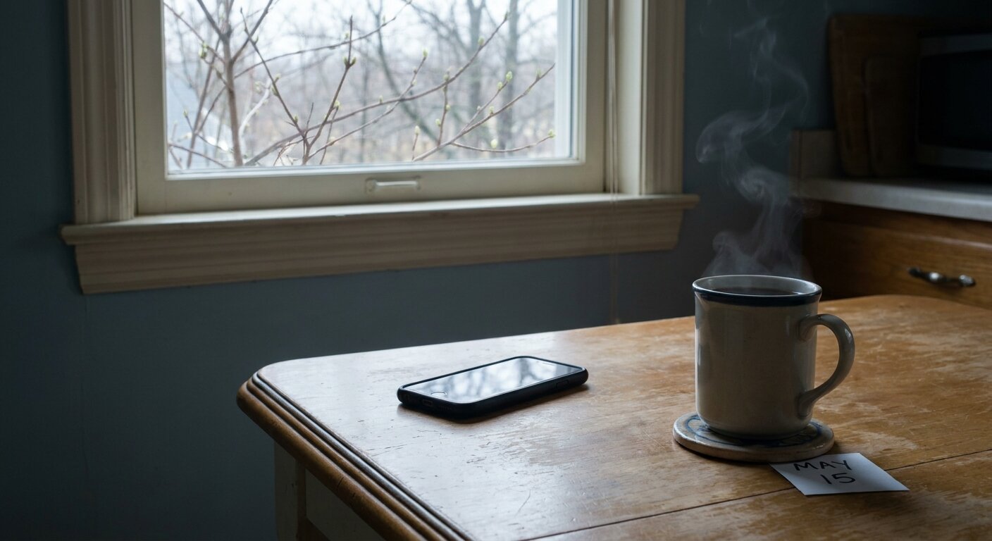 A phone face-down on a kitchen table in pale morning light — a cup of tea beside it, the window showing a quiet May morning, bare branches beginning to green. The atmosphere is a date noted and not acted on. Photorealistic, cinematic, soft pale morning light, documentary photography style, shallow depth of field, muted cool-warm palette.