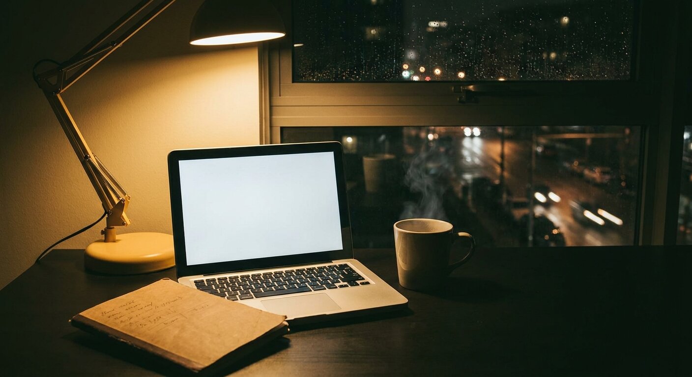 A desk lamp casting warm light on an open laptop at night, a notebook beside it open to a half-filled page. The window behind shows a dark city street. The atmosphere is late evening, deciding what to write. Photorealistic, cinematic, warm lamp light against dark exterior, documentary photography style, shallow depth of field, muted warm palette, no text visible.