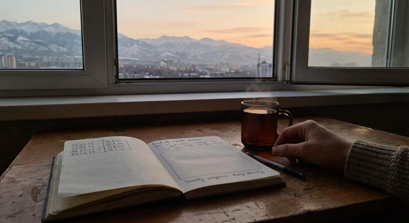 A desk at the end of the day, the light low and warm. A notebook open to two pages: the left shows a measurement log for Tuesday, four rows of data. The right page is blank except for a few lines of handwriting near the top, then a long empty space, then a few more lines at the bottom — as if something was written, then thought about, then concluded. A glass of tea. Outside the window, Almaty at dusk, the last light of March