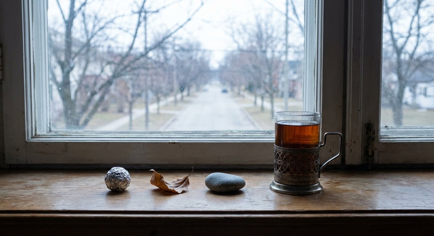 A windowsill with three small objects arranged in a row — a foil ball, a dried leaf, a small pebble — morning light, a glass of tea nearby, quiet and domestic