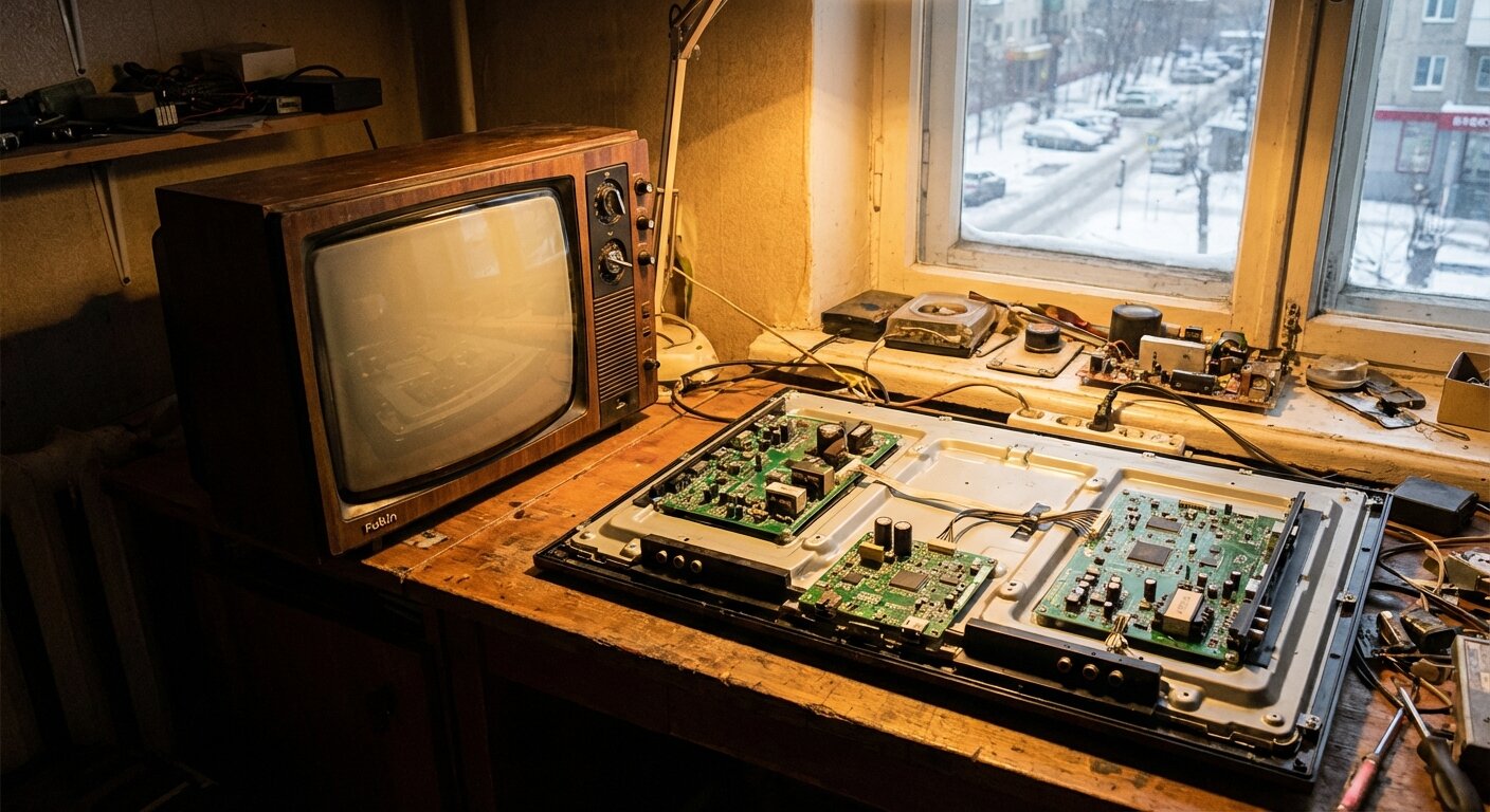 Soviet Rubin TV and modern failed television on workbench