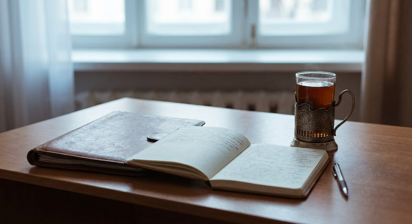 A desk in clean Monday morning light — an open notebook with a short handwritten list, a closed folder beside it, a glass of tea in a metal podstakannik to one side. Everything orderly, everything in its place. The atmosphere is quiet readiness, a day before something happens. No text, no signs, no writing visible anywhere. Photorealistic, cinematic, cool morning light, documentary photography style, shallow depth of field, muted warm palette.