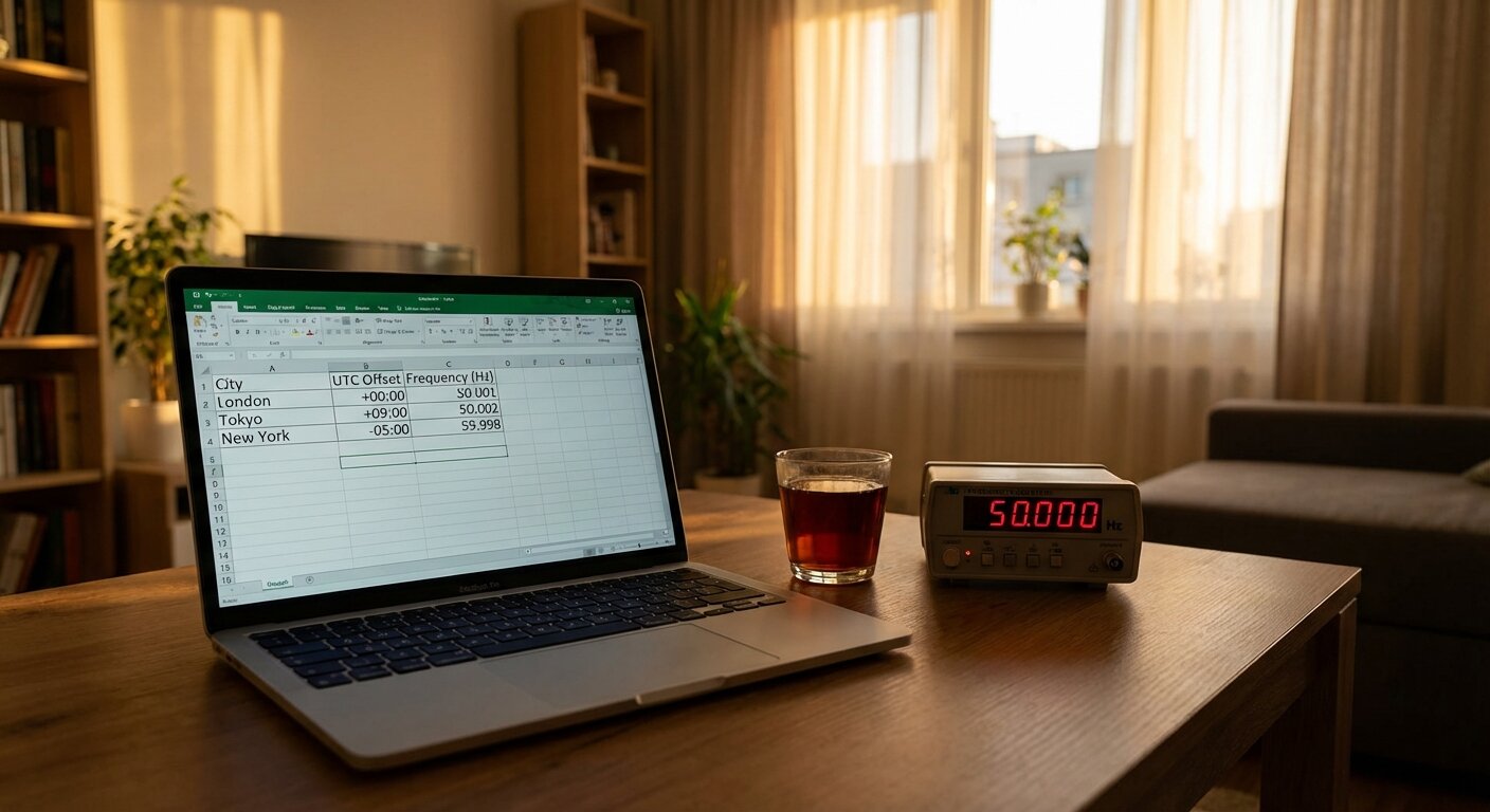 A laptop screen showing three simultaneous frequency graphs side by side, late afternoon light, one empty panel labeled UTC+3
