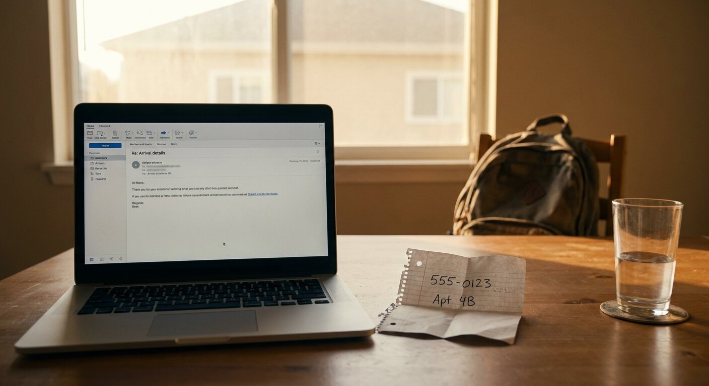 An apartment desk in morning light — a laptop open to an email, beside it a small folded piece of paper with handwritten numbers. Morning sun through a window. A glass of water, half drunk. The atmosphere is arrival and something unresolved. Photorealistic, cinematic, warm morning light, documentary photography style, shallow depth of field, muted warm palette.