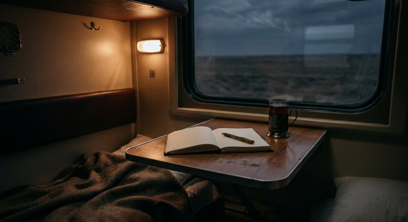 A train compartment at night — a window showing dark steppe landscape, a notebook and pen on the small folding table, a tea glass in the holder, dim compartment light. The atmosphere is a long journey and something being carried toward a destination. No text, no signs, no writing visible anywhere. Photorealistic, cinematic, dim warm light, documentary photography style, shallow depth of field, muted warm palette.