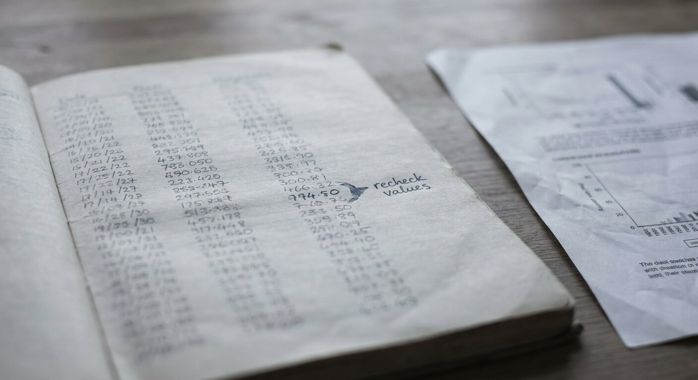 An open research notebook showing rows of handwritten data entries — dates, numerical values, careful columns. One line is slightly different from the others: a small marginal notation beside it, two words in a different ink. A pen and a printed page with a forum post lie beside the notebook. Photorealistic, cinematic, pale morning light, documentary photography style, shallow depth of field, muted cool palette, no legible text.