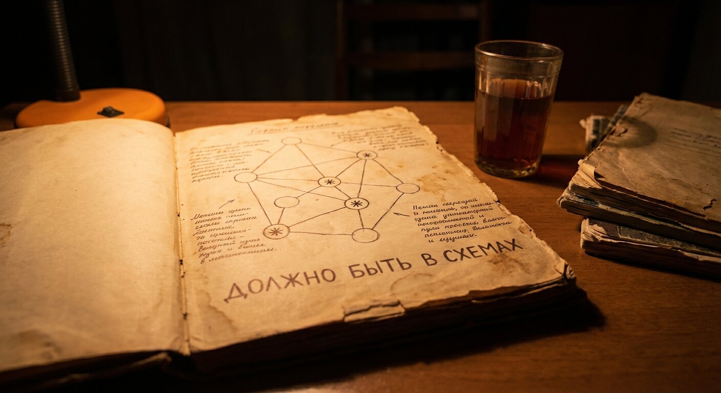 The final page of a handwritten notebook, showing a hand-drawn network diagram with Cyrillic annotations and a reference to a Soviet engineering standard