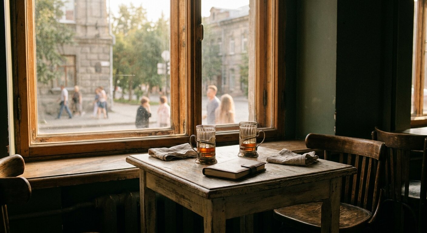 A café table by a window in a Siberian city on a summer Friday — two tea glasses, an afternoon light through the window, a small notebook on the table, city street visible outside as soft shapes. The atmosphere is a conversation that does not need to be about anything specific. No text, no signs, no writing visible anywhere. Photorealistic, cinematic, warm afternoon light, documentary photography style, shallow depth of field, muted warm palette.
