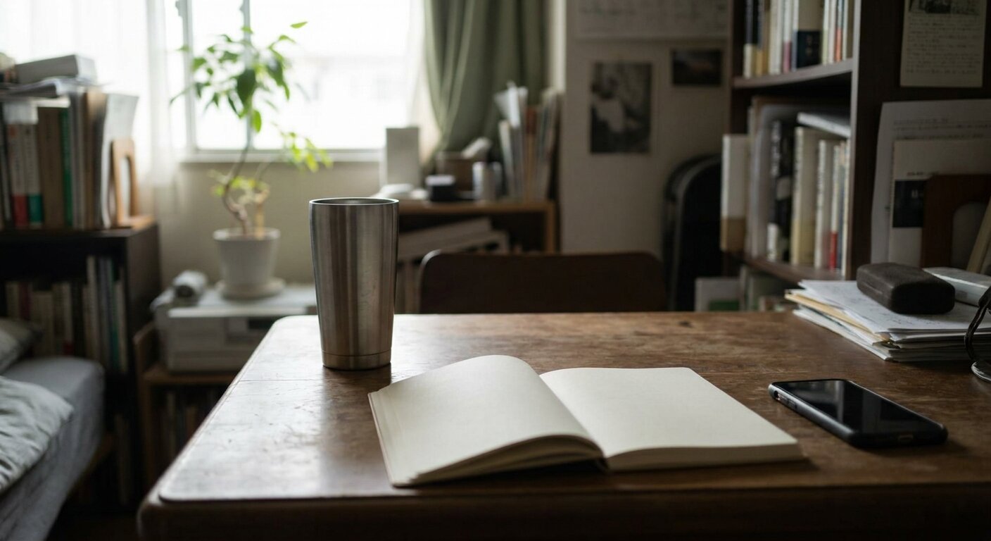A researcher's apartment on a quiet Sunday afternoon — a desk with an open notebook turned to a new blank page, a metal tea glass beside it, a phone resting face-down near the notebook edge. The atmosphere is quiet suspension between receiving and replying. No text, no signs, no writing visible anywhere. Photorealistic, cinematic, soft indirect afternoon light, documentary photography style, shallow depth of field, muted warm palette.