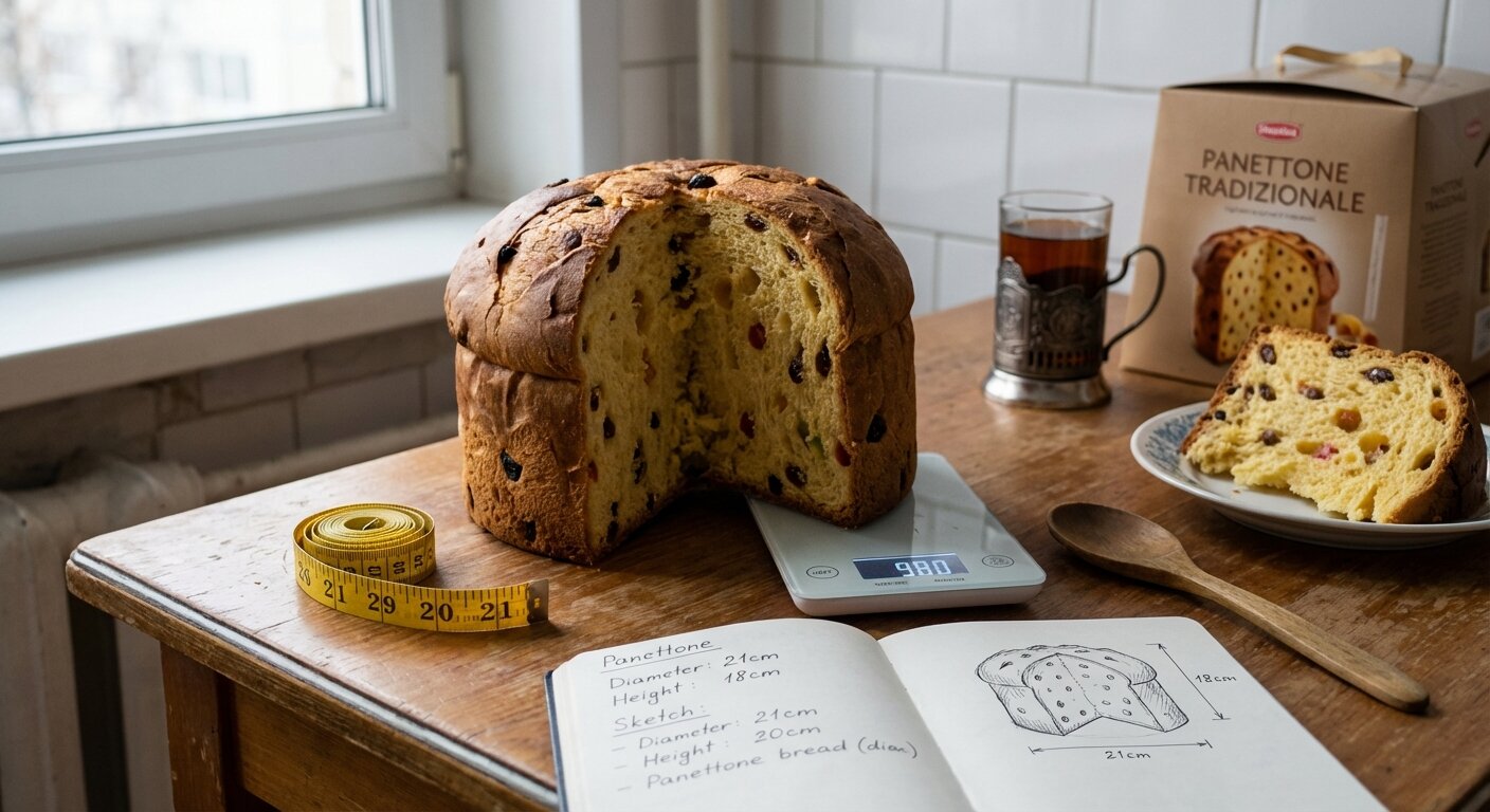 A panettone on a kitchen table with measuring tape and notebook beside it