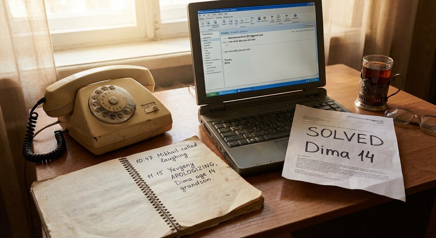 Telephone handset with notes showing "Mikhail called - laughing"