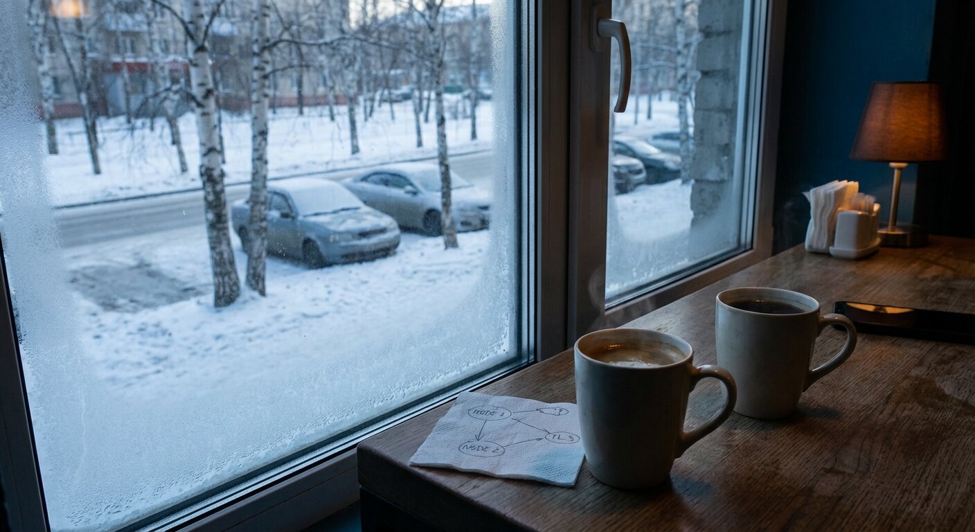 A winter café table near a frost-edged window, two cups of coffee, a napkin with a hand-drawn diagram of transmission line nodes, the pale grey morning light of a Novosibirsk street outside