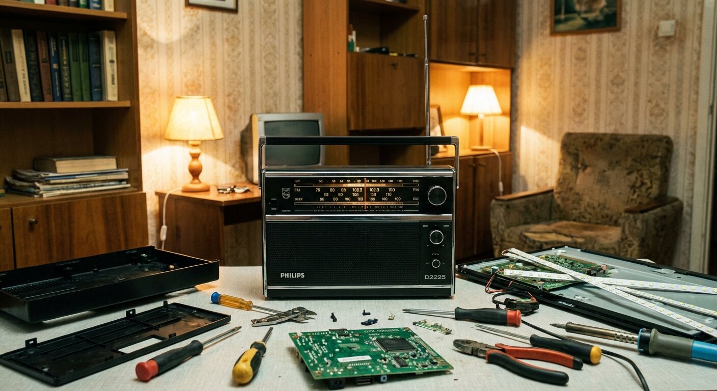Vintage radio receiver on workbench with tools