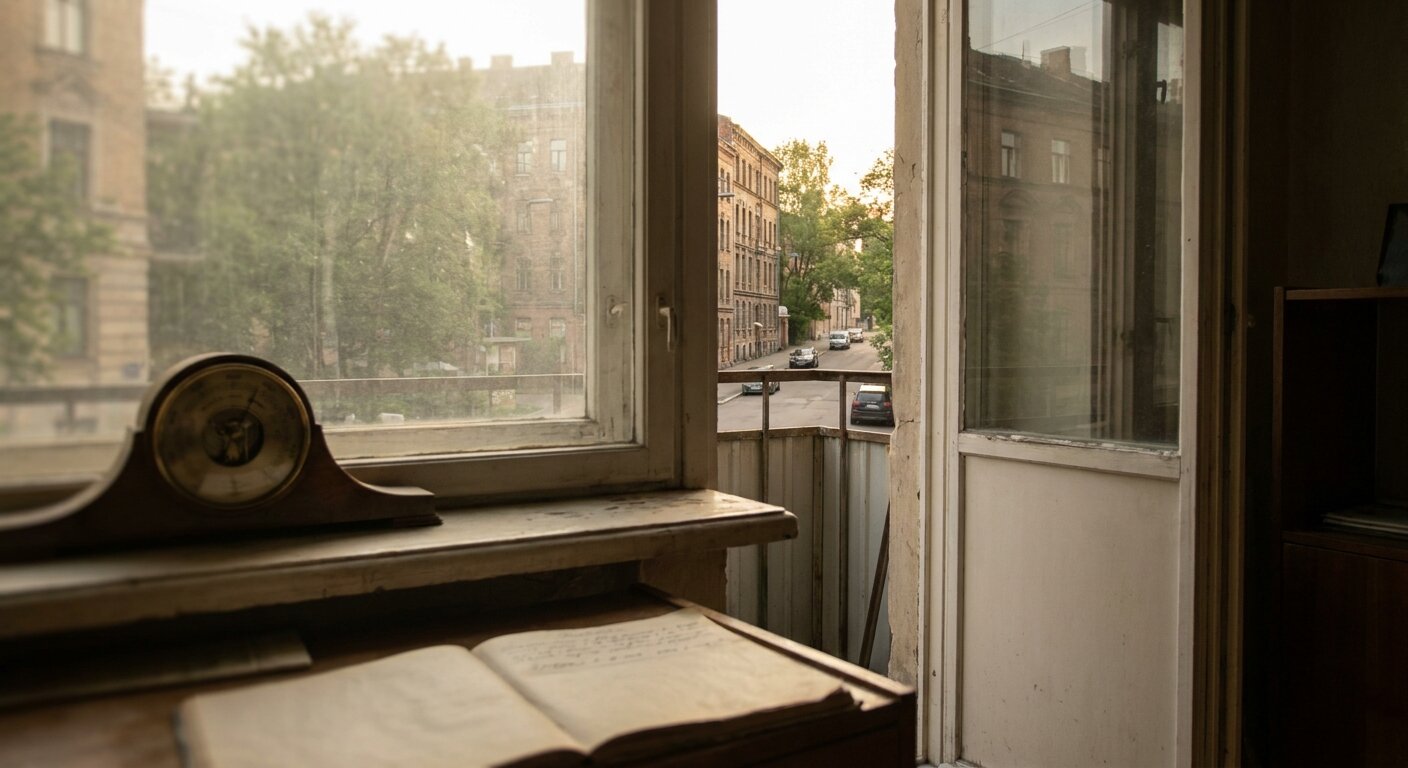 A gray tabby cat sitting on an apartment windowsill in pale May morning light, looking out at the street below. The balcony door is slightly open beside her. Inside, a barometer on a wall shelf visible in soft focus. The atmosphere is quiet, unhurried, a Saturday. No text, no signs, no writing visible anywhere. Photorealistic, cinematic, warm pale morning light, documentary photography style, shallow depth of field, muted warm palette.