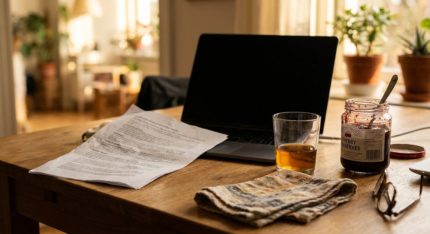 A researcher's desk on a Saturday morning — a printed document and an open laptop beside a jar of preserves and a tea glass, warm summer morning light. The atmosphere is a long email being read and something noticed by someone who did not ask. No text, no signs, no writing visible anywhere. Photorealistic, cinematic, warm morning light, documentary photography style, shallow depth of field, muted warm palette.
