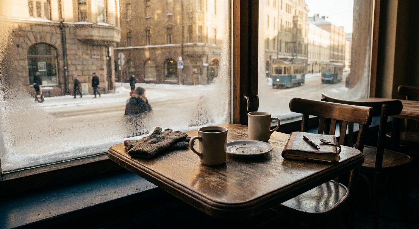 A café table on a Saturday morning in a Siberian city — two coffee cups, warm morning light, a small window showing city street outside. The atmosphere is a last morning somewhere before a departure. No text, no signs, no writing visible anywhere. Photorealistic, cinematic, warm morning light, documentary photography style, shallow depth of field, muted warm palette.