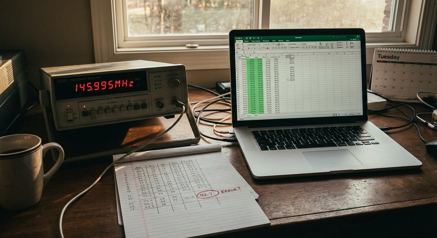 A measurement desk on a Tuesday afternoon. Three devices visible: a frequency counter with a digital display, a laptop screen showing a spreadsheet with four columns of numbers, a notebook open to a data table. The numbers on the counter are sharp and clear. Afternoon light, slightly warm. The atmosphere is precise and slightly tense — familiar data with something unfamiliar in it. Photorealistic, cinematic, warm afternoon light, documentary photography style, shallow depth of field, muted warm palette.