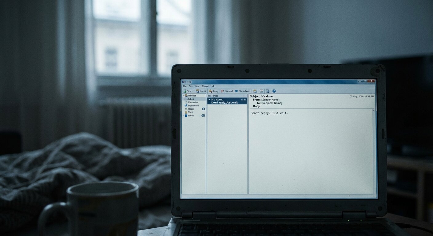 A laptop screen in a quiet apartment, showing a short email — only a few lines, no attachments, no signature image. The inbox visible in the background shows the thread as the only unread message. The room around the screen is out of focus. The atmosphere is still and slightly wrong — a message that is brief in a way that is not casual. Photorealistic, cinematic, cool morning light, documentary photography style, shallow depth of field, muted cool palette.