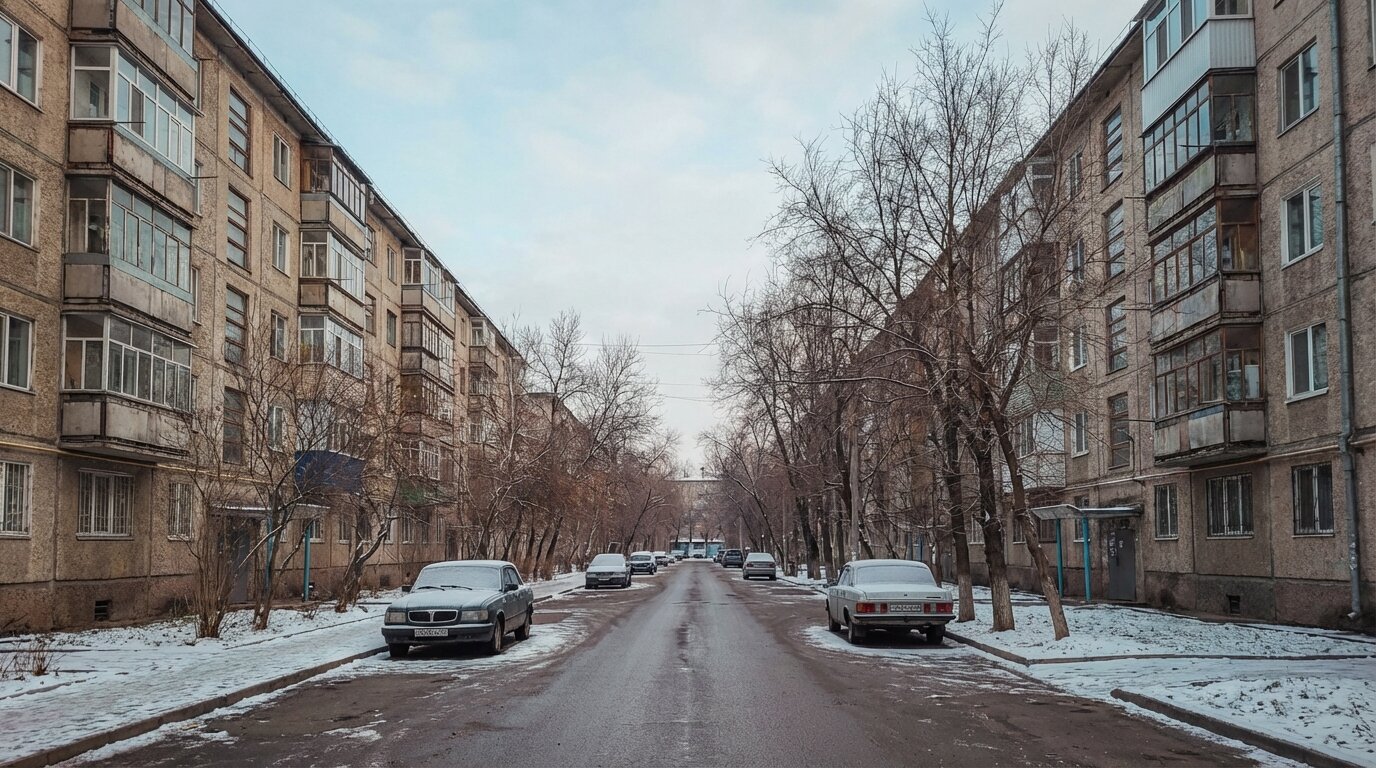 Empty Sunday street in residential Almaty