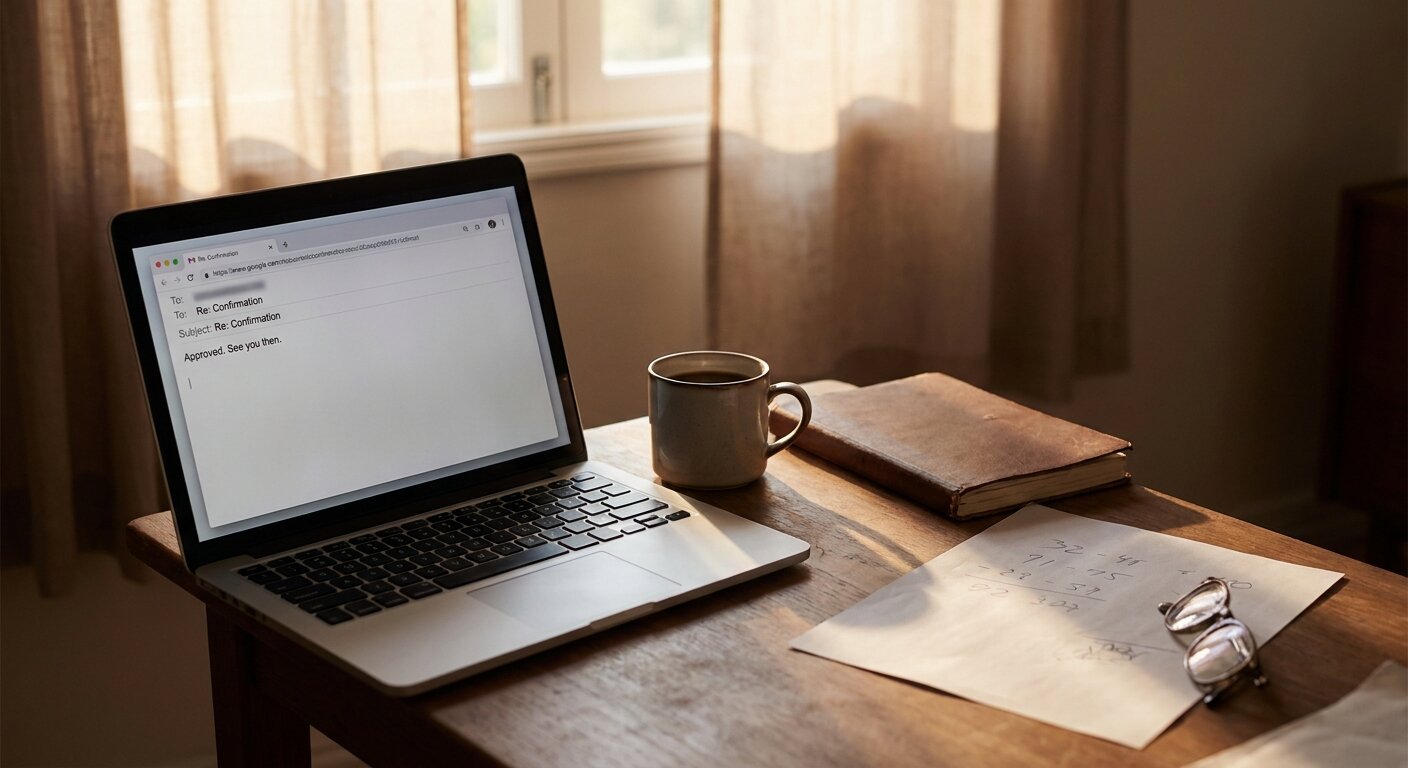 A desk in morning light — a laptop open to a short email, the text brief enough to read in seconds. Beside it: a coffee cup, a closed notebook, a piece of paper with handwritten numbers face down. The atmosphere is recognition — reading something twice not because it is long but because it is specific. Photorealistic, cinematic, warm morning light, documentary photography style, shallow depth of field, muted warm palette.