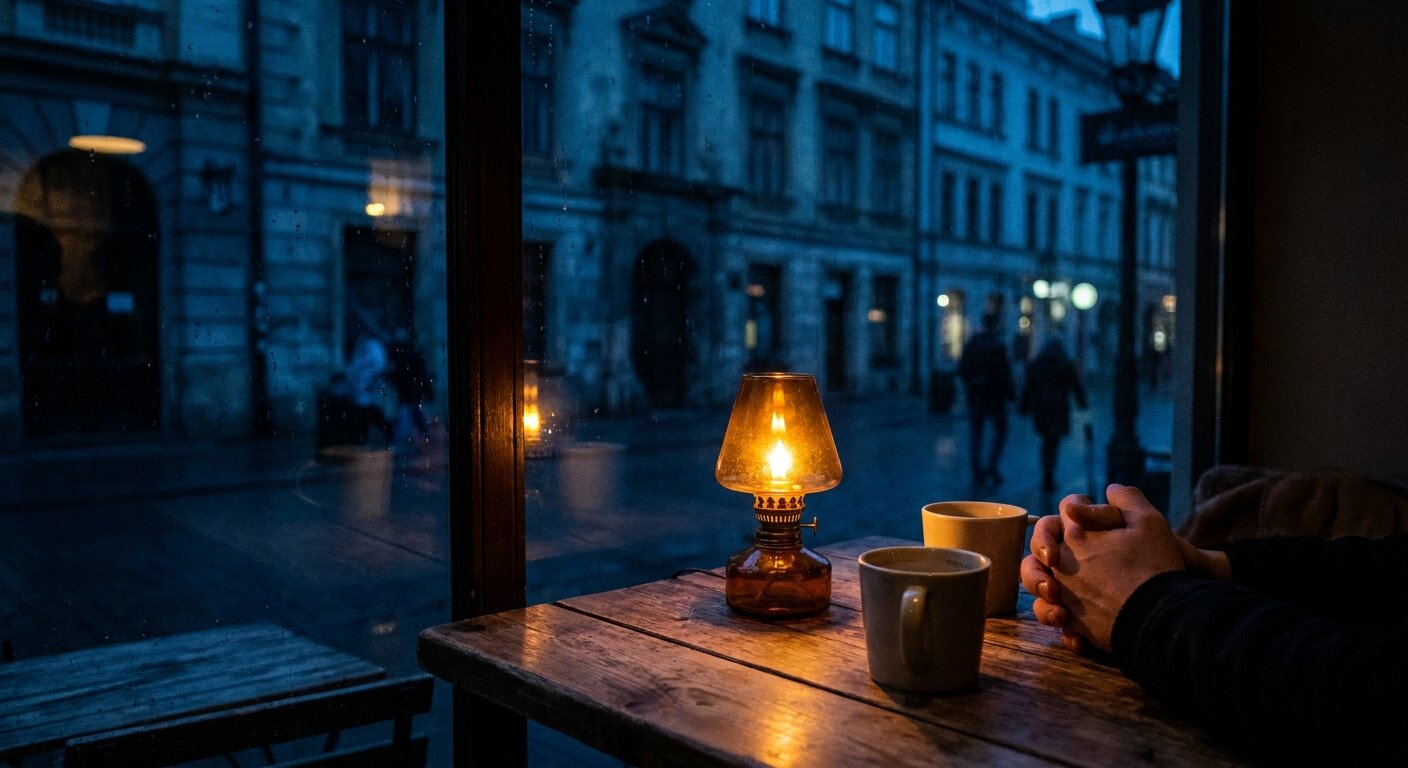 A café table at night seen through a rain-flecked window — two cups, a small candle lamp casting amber warmth against the cold dark city beyond. The chairs are occupied but the occupants are not the subject: two sets of hands around cups, the subtle lean of two people toward each other across a small table. The interior glows against the deep blue of a Sunday night street. Photorealistic, cinematic, warm amber interior against dark exterior, documentary photography style, shallow depth of field, intimate atmosphere.