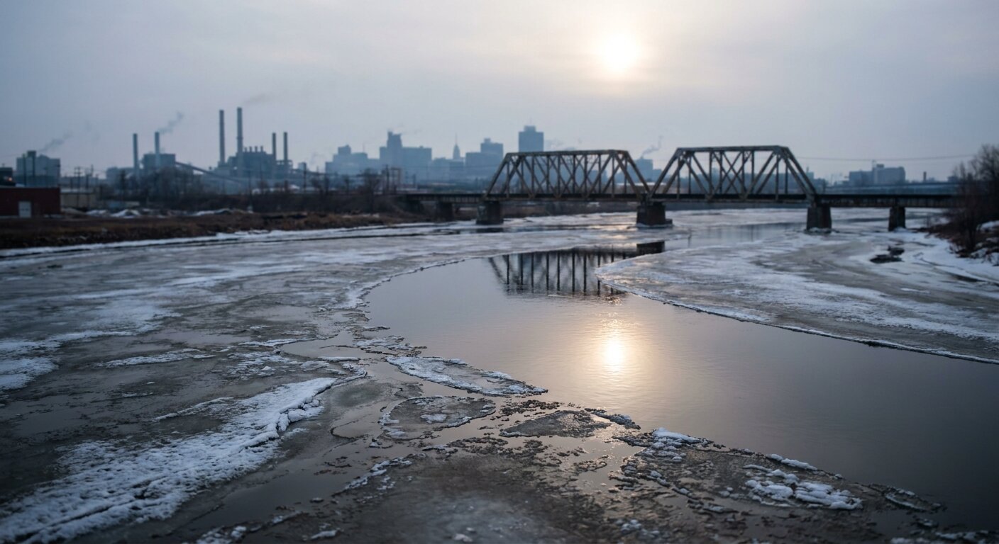 A river in April morning light — partially iced over in the shaded sections, open dark water where the sun reaches. A bridge in the middle distance. An industrial city skyline behind, pale grey-blue sky. The atmosphere is a day between one thing and another. Photorealistic, cinematic, cool April morning light, documentary photography style, shallow depth of field, muted blue-grey palette.