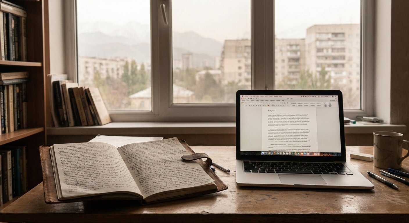 An apartment desk in Saturday morning light — a notebook open with dense handwriting, a laptop beside it showing a text editor with a draft in progress. The window behind shows the Almaty cityscape softly out of focus. The atmosphere is the particular concentration of writing something carefully for the first time. Photorealistic, cinematic, pale morning light, documentary photography style, shallow depth of field, muted warm-neutral palette.