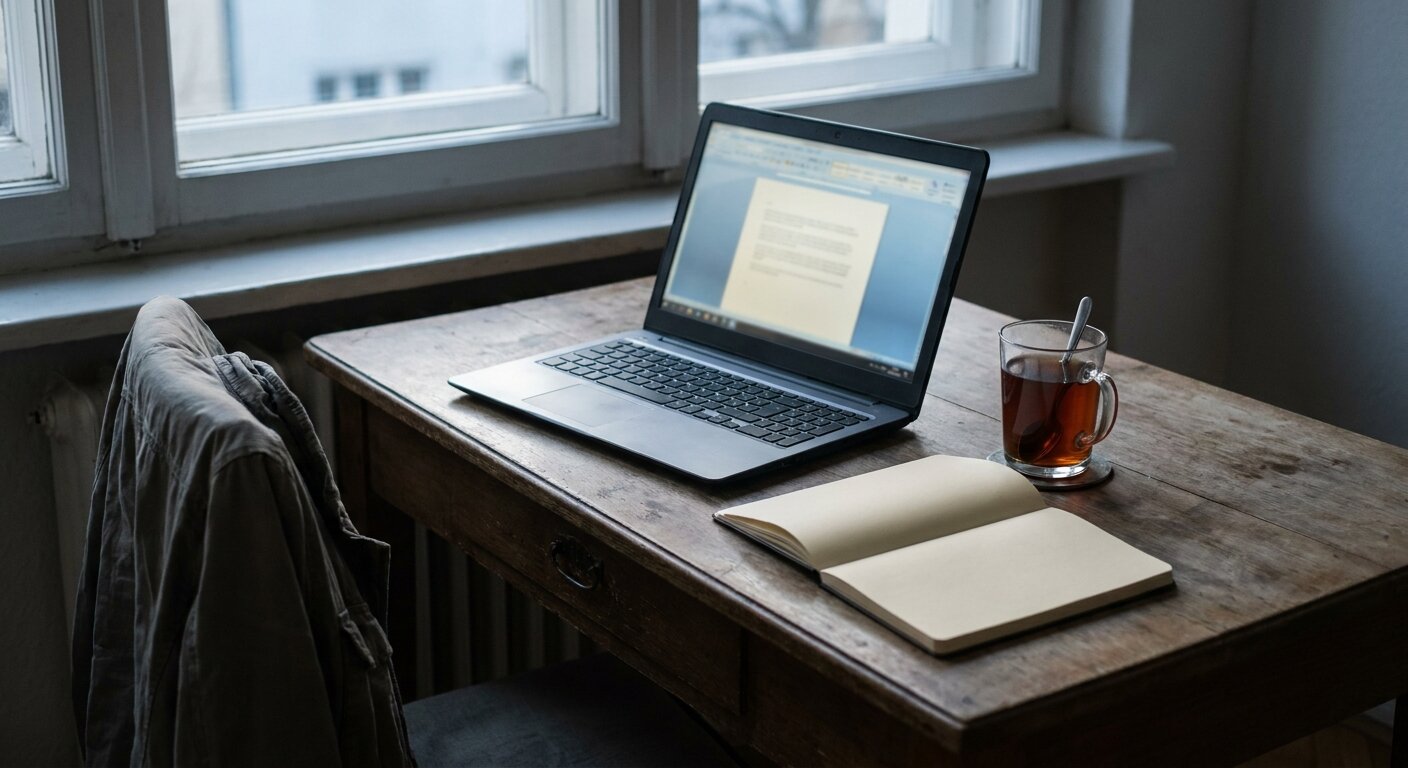 A researcher's desk on a Monday morning — a laptop open to a document page, a tea glass beside it, a notebook open to a blank page, summer morning light. The atmosphere is something written and not yet sent. No text, no signs, no writing visible anywhere. Photorealistic, cinematic, cool morning light, documentary photography style, shallow depth of field, muted neutral palette.
