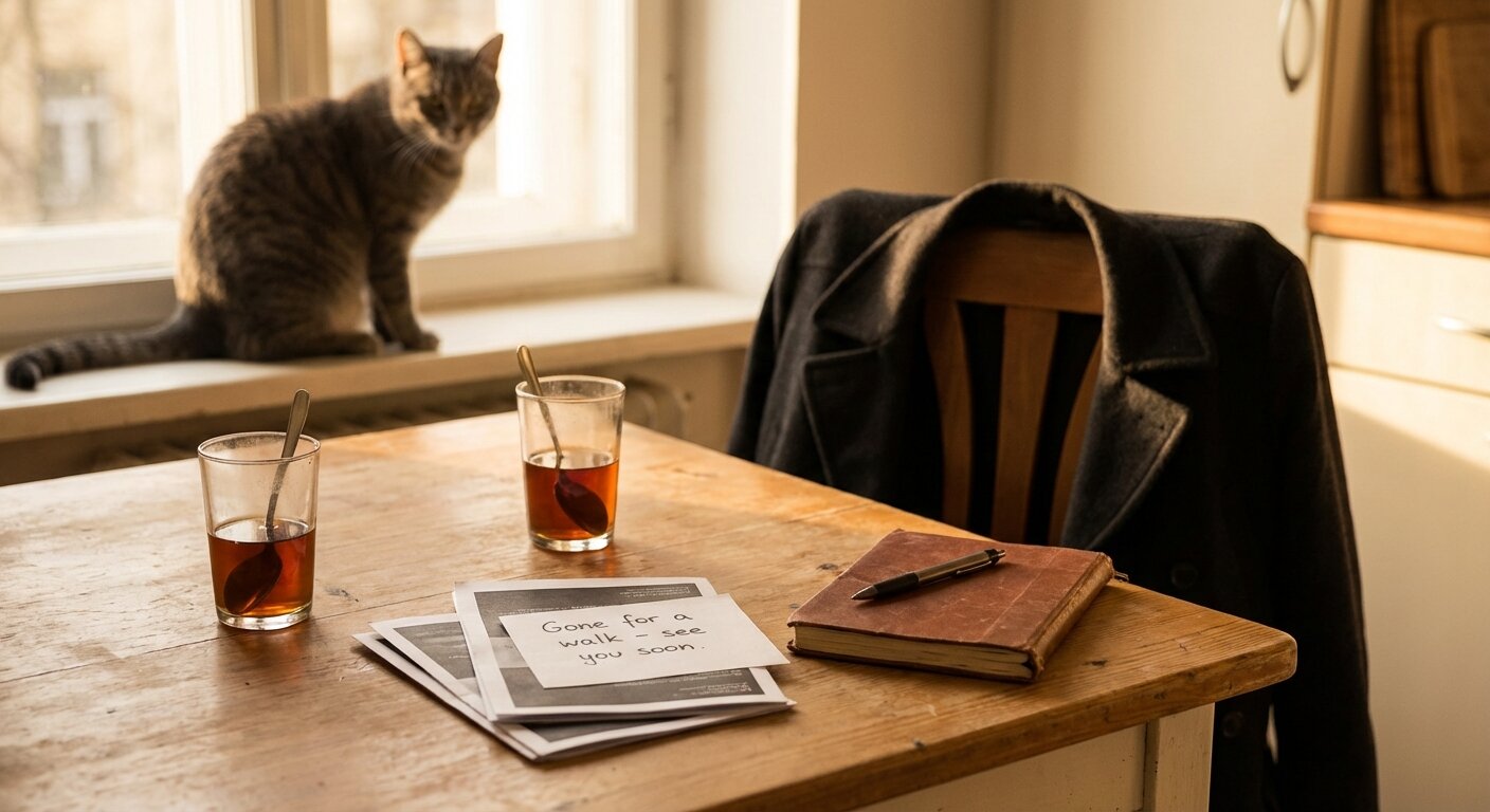 A kitchen table in afternoon light. Two glasses of tea. A closed notebook beside them. Across the table, a coat draped over a chair — someone has arrived. On the table: a small stack of printed pages, face down. The atmosphere is quiet and attentive, as if a conversation has just reached the part that matters