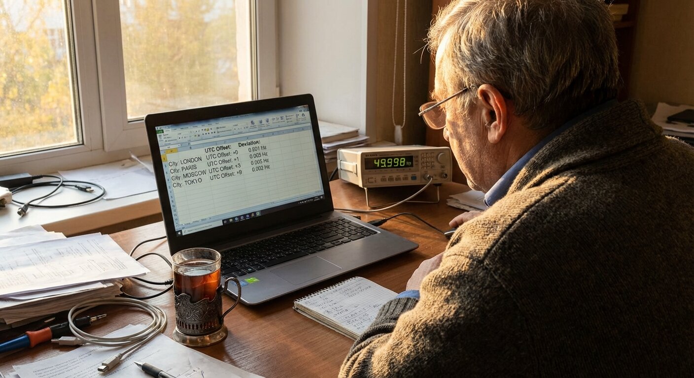 A laptop screen showing a completed data table with four rows, all cells filled, late afternoon light, a frequency counter visible on the desk, a glass of tea