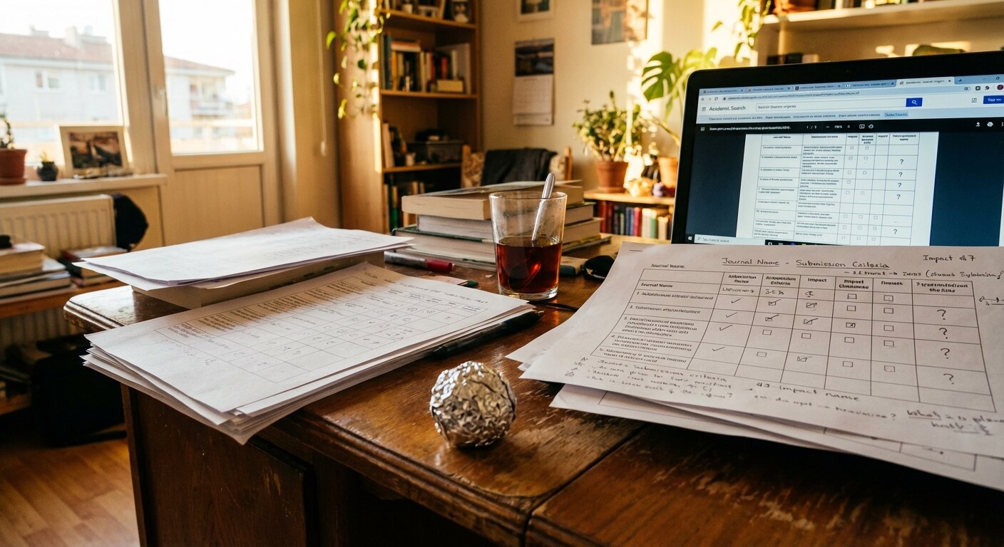 A desk covered with printed journal guidelines, a laptop showing several browser tabs, a handwritten comparison table, a glass of tea, afternoon light