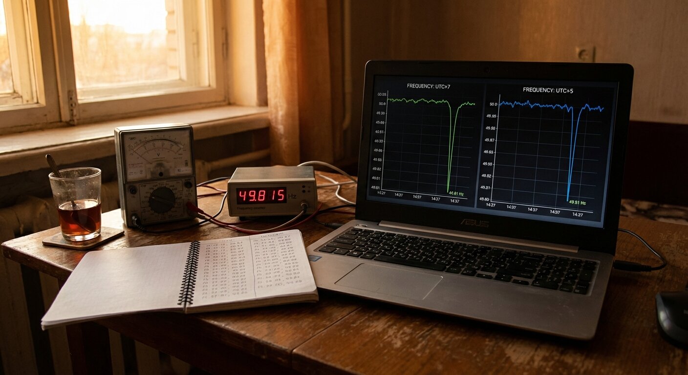 Two frequency readouts side by side on a laptop screen, one labeled UTC+7 showing a dip at 14:37, one labeled UTC+5 showing the same