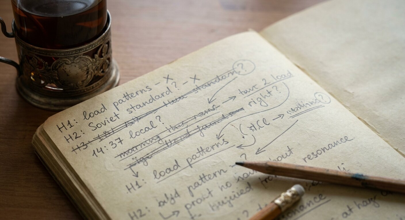 A handwritten page covered in crossed-out hypotheses, question marks, and arrows connecting different ideas, with a glass of tea and a pencil beside it