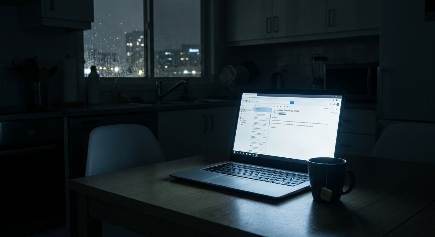 A laptop screen glowing on a kitchen table in the dark — an email open on screen, the timestamp reading 02:14, a cup of tea beside the keyboard. The window behind shows a city at night, no movement. The atmosphere is reading something important and sitting with it. Photorealistic, cinematic, dark ambient room light against screen glow, documentary photography style, shallow depth of field, muted cool palette.