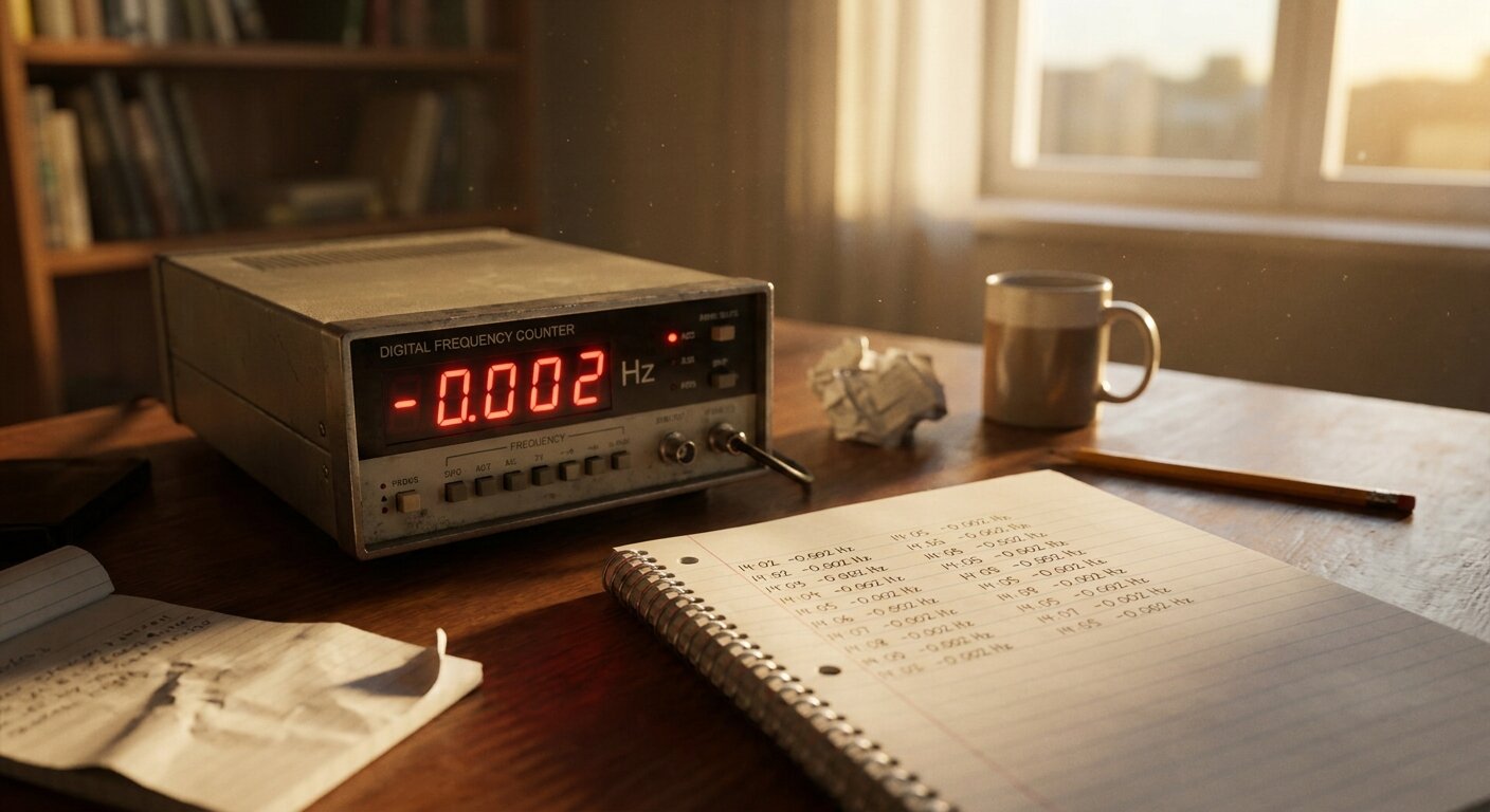 A frequency counter on a desk in afternoon light — the digital display showing a small negative deviation. Beside it, an open notebook with a column of measurements, each line nearly identical. The atmosphere is the forty-first time the same thing has happened. Photorealistic, cinematic, warm afternoon light, documentary photography style, shallow depth of field, muted warm palette.