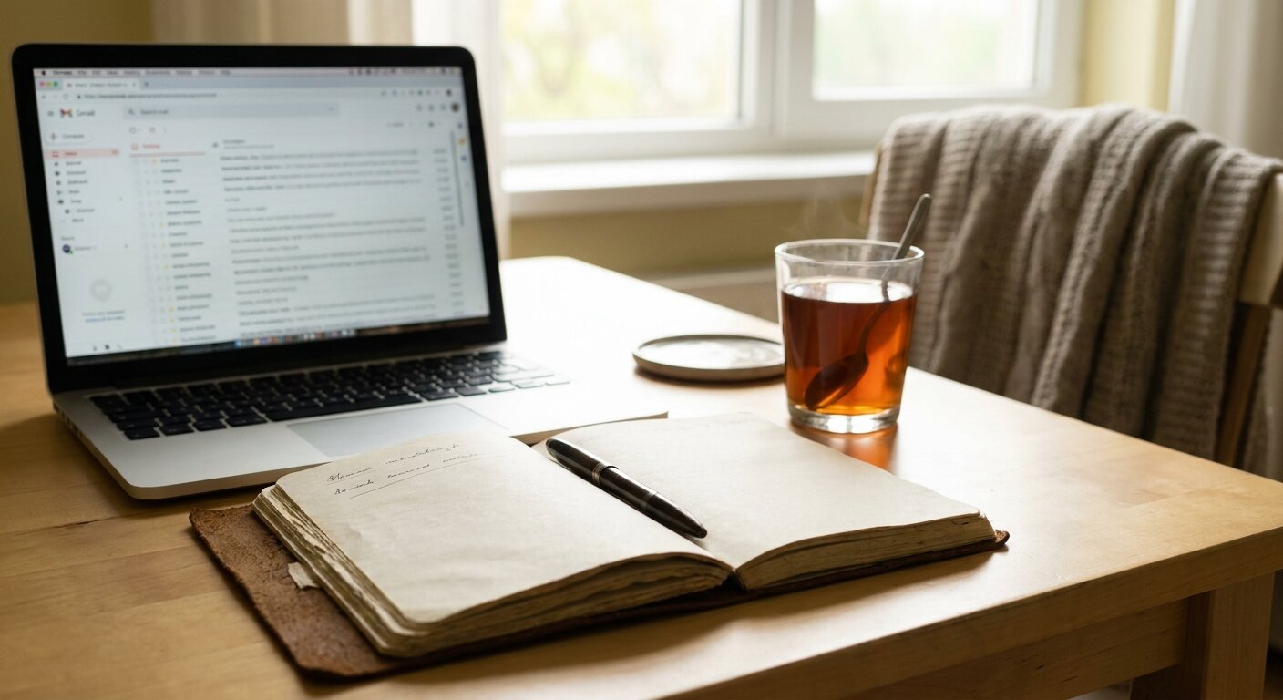 A desk in quiet Sunday morning light — an open notebook with two short handwritten lines visible as entries, a pen resting across them. A laptop to one side with an email open but not legible. A glass of tea. The atmosphere is something carefully noted, deliberately entered. No text, no signs, no writing visible anywhere. Photorealistic, cinematic, pale May morning light, documentary photography style, shallow depth of field, muted warm palette.