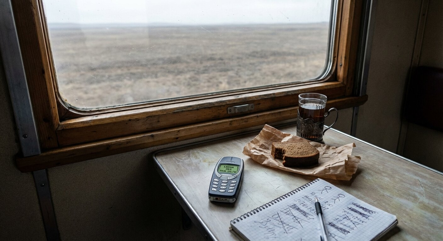 A train compartment table in daylight — a Nokia phone showing an error reading, a notebook with crossed-out numbers, Mrs. Kuznetsova's dark bread on a paper wrapper, the steppe outside the window under a flat grey sky