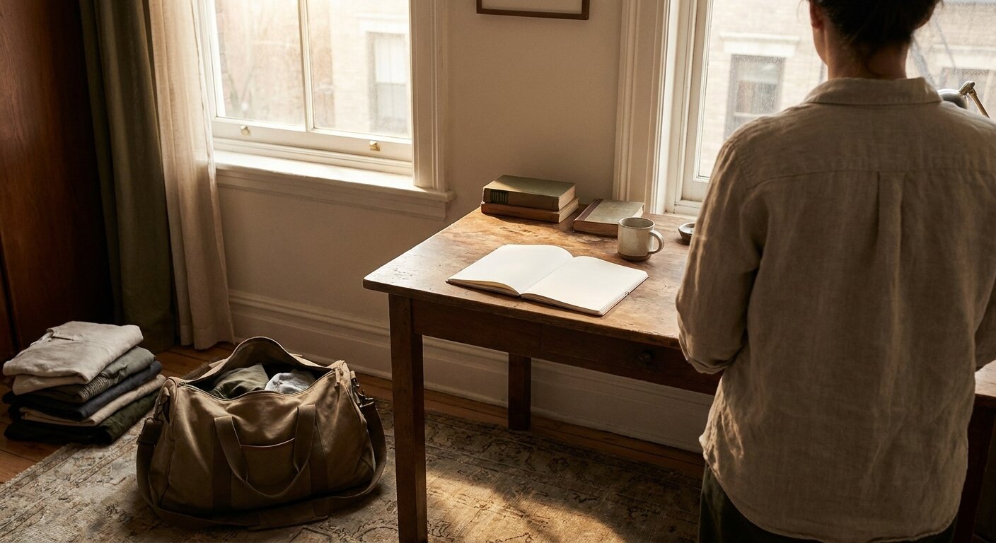A researcher's apartment on a Wednesday morning — a half-packed bag on the floor, a notebook open on the desk, morning summer light. The atmosphere is a decision made quietly before noon. No text, no signs, no writing visible anywhere. Photorealistic, cinematic, warm morning light, documentary photography style, shallow depth of field, muted neutral palette.