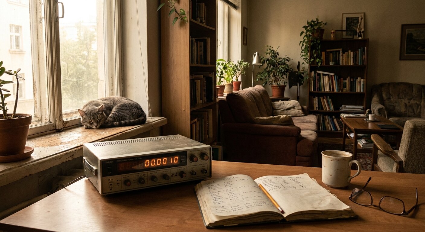 A researcher's apartment on a Tuesday afternoon in early June — a frequency counter and open notebook on the desk, afternoon summer light through the window, a gray tabby cat motionless on the windowsill. The atmosphere is the measurement completed, the data recorded, something else also true. No text, no signs, no writing visible anywhere. Photorealistic, cinematic, soft afternoon light, documentary photography style, shallow depth of field, muted warm palette.
