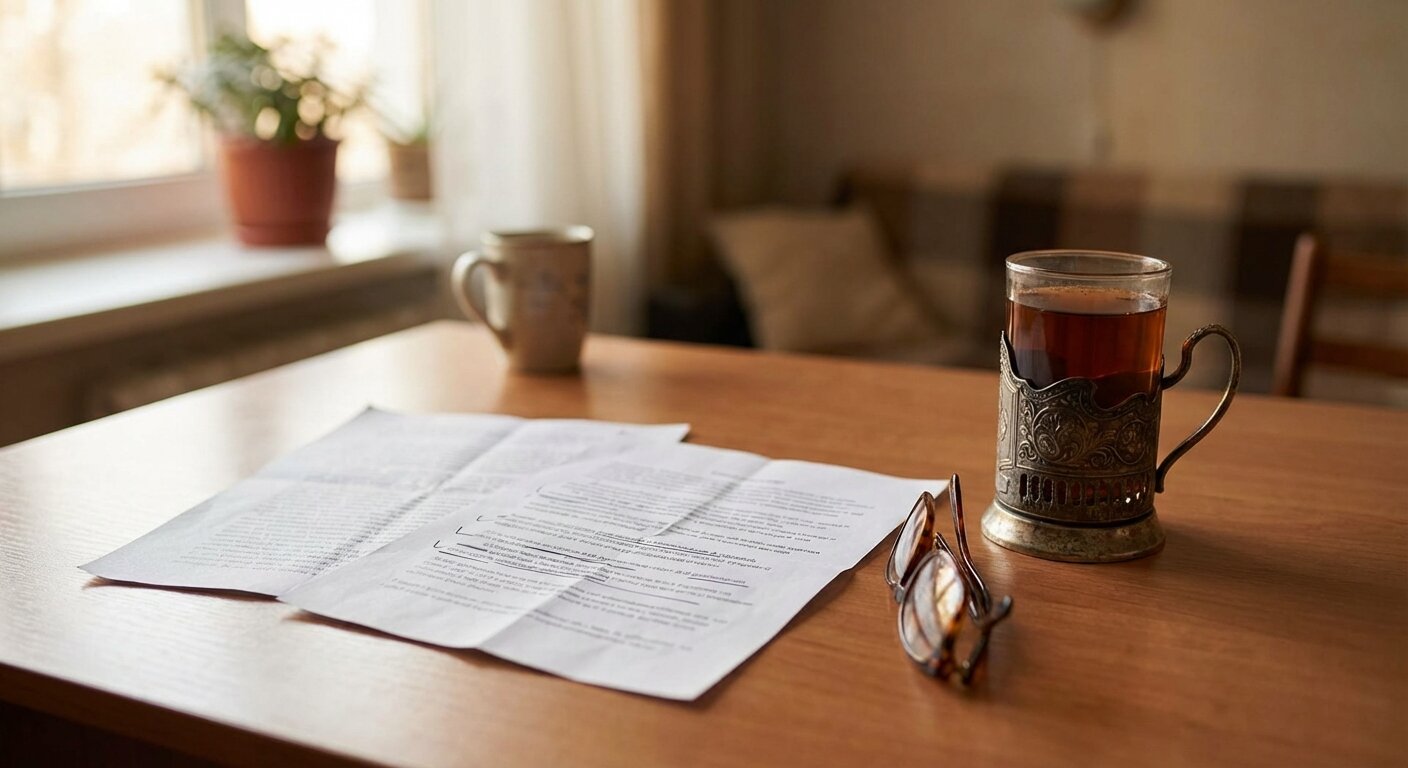 A desk with two printed emails side by side, morning light, a glass of tea, reading glasses folded nearby, quiet and still